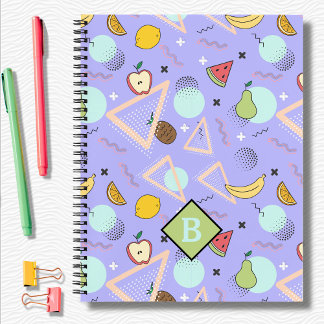 Cahier scolaire à motif Memphis violet et fruits
