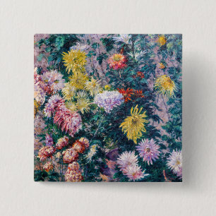 Caillebotte - Witte en Gele Chrysanten Vierkante Button 5,1 Cm