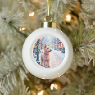 Cairn Terrier Festieve Lantaarnpaal Dorps Kerstmis Keramische Bal Ornament