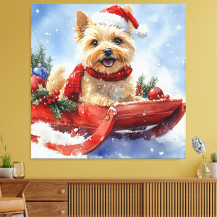 Cairn Terrier Hond in Sledge Laat het Sneeuw Kerst Canvas Afdruk
