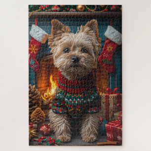 Cairn Terrier-hond met kerstcadeaus bij de open ha Legpuzzel