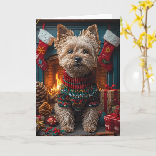 Cairn Terrier hond met kerstcadeaus open haard Kaart (Gele Bloem)