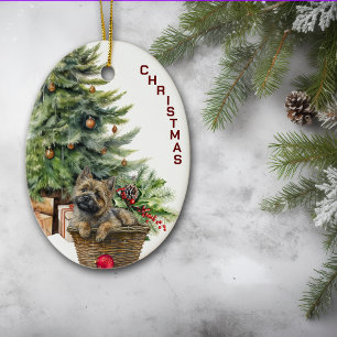 Cairn Terrier Hond Rieten Mand Kerstmis Keramisch Ornament