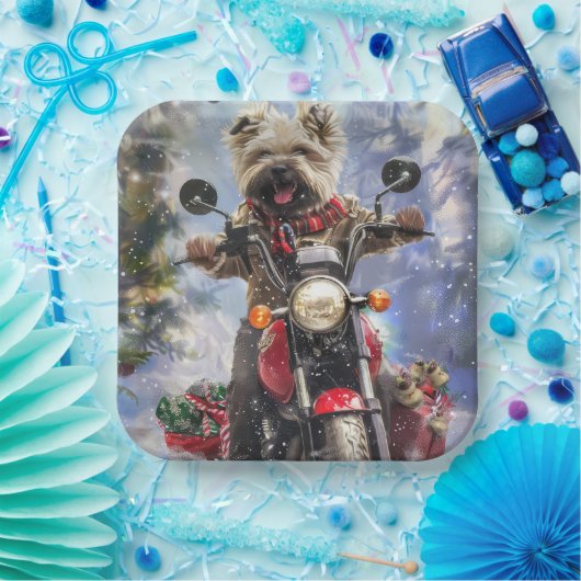 Cairn Terrier Hond Rijden Motorfiets Kerstmis Papieren Bordje (Feest)
