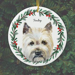 Cairn Terrier Honden Monogram Naam Kerst Krans Keramisch Ornament