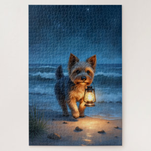 Cairn Terrier Lantaarn Strand Nacht Legpuzzel