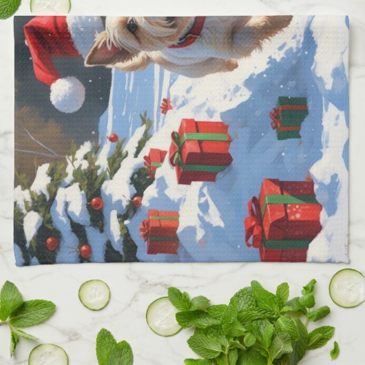 Cairn Terrier loopt in de sneeuw met kerst Pet Theedoek (Gevouwen)