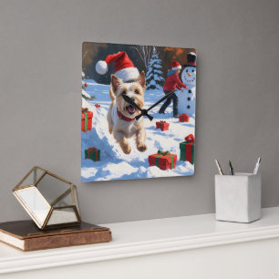 Cairn Terrier Rent in de Sneeuw met Kerstmuts Vierkante Klok