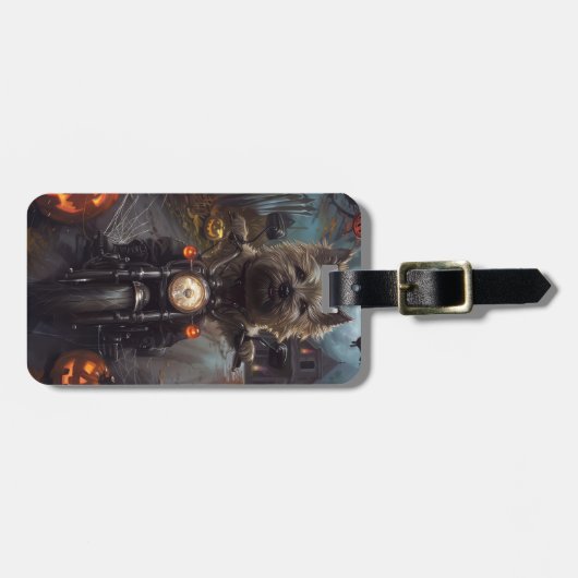 Cairn Terrier Rijden Motorfiets Halloween Eng Bagagelabel (Voorkant horizontaal)