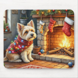 Cairn Terrier zittend bij open haard Kerstverlicht Muismat