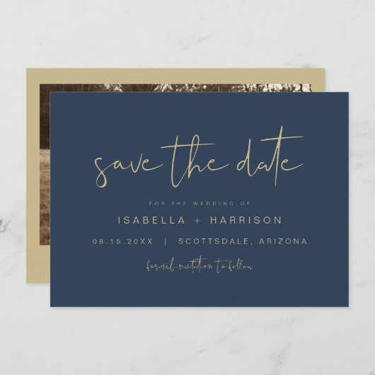 CAITLIN Edgy Navy en Gold Minimal Save the Date Kaart (Voorkant / Achterkant)