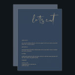 CAITLIN Modern Navy et Gold 5x7" Mangeons le menu<br><div class="desc">Ce menu est composé d'une police manuscrite pointue et d'un design minimaliste moderne avec une combinaison moderne de bleu marine et d'or. Modifiez facilement le libellé *most* pour répondre à vos besoins. Ce menu s'ajoute parfaitement à votre simple baby shower contemporain ou bohème, douche nuptiale, mariage, retraite ou tout autre...</div>