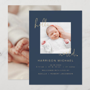 CAITLIN Modern Navy Newborn One Photo Announge Kaart