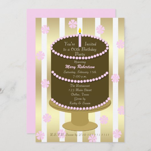 Cake 60th Birthday Party Invitation 60th en rose (Devant / Derrière)