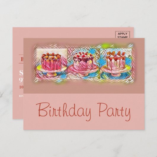 Cake Art Peach Birthday Party Invitation Uitnodiging Briefkaart (Voorkant / Achterkant)