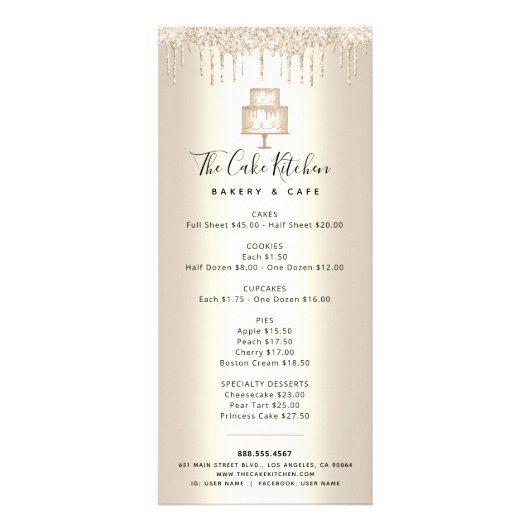 Cake Bakery Gold Glitter Pastry Chef Dessert Menu (Voorkant)