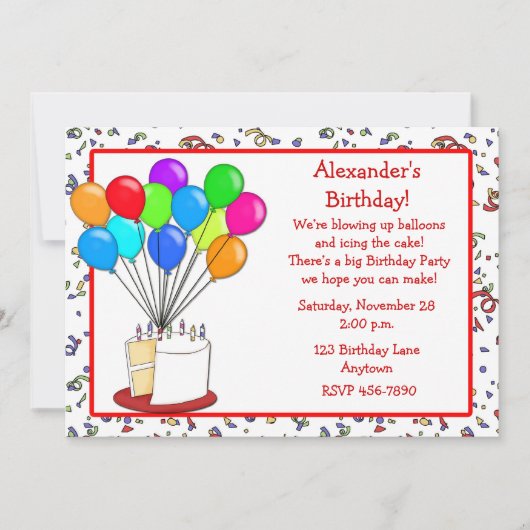 Cake Balloons Birthday Invitation Kaart (Voorkant)