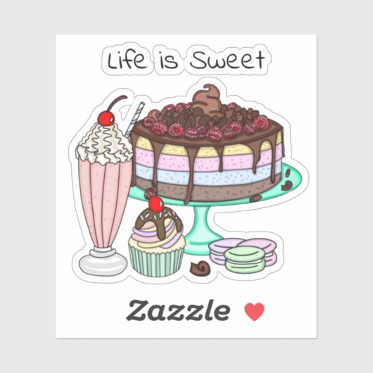 Cake, Cupcake, Milkshake en Macaroons Life is Sticker (Vel)