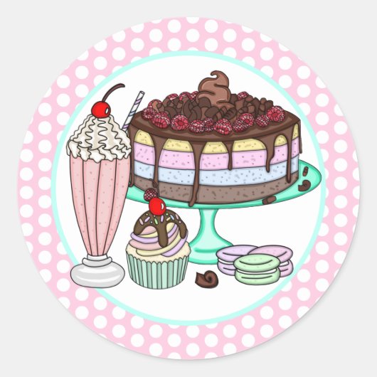 Cake, Cupcake, Milkshake en Macaroons Ronde Sticker (Voorkant)