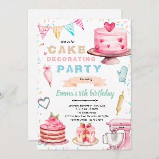 Cake decorating theme party invitation (Devant / Derrière)