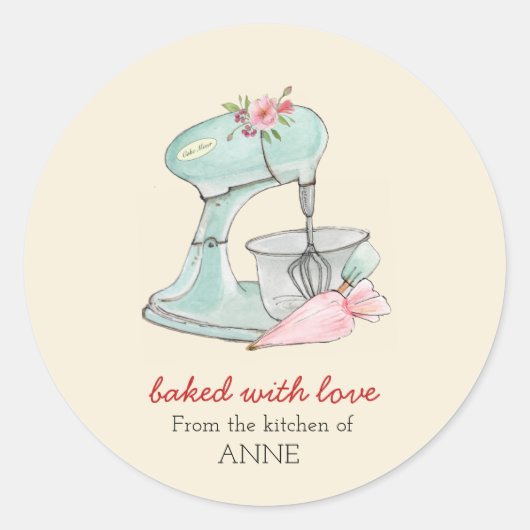 Cake mixer "Bked with love"-perziken Ronde Sticker (Voorkant)
