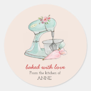 Cake mixer "Gebakken met liefde" lichtroze Bakers Ronde Sticker