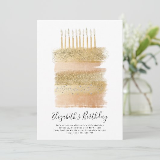 Cake Party Nodig Gouden Sparkly Meisjes 10e Verjaa Kaart (Staand voorkant)