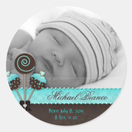Cake Poppen Baby Boy Sticker Blauw Bruin Snoep