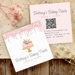 Cake QR Code Blush Roze Glitter Drips Gebak Chef Vierkante Visitekaartje