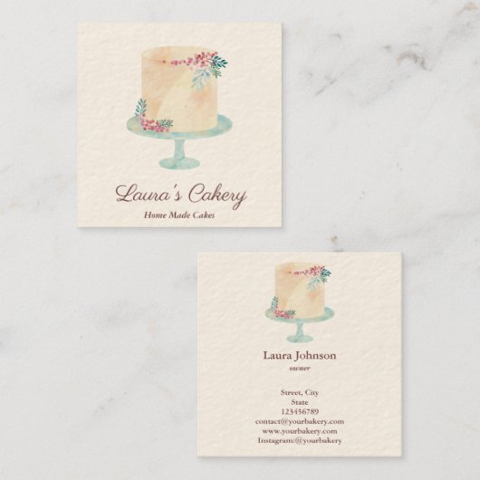 Cakes Sweets Cupcake Bakkerij Waterverf Vierkante Visitekaartje (Voorkant / Achterkant)