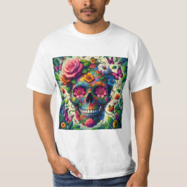Calavera Azul Floral: Estilo Vibrante T-shirt