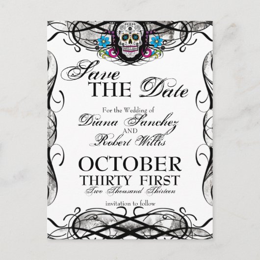 Calaveras Sugar Skull & Flourishes Save the Date Aankondigingskaart (Voorkant)