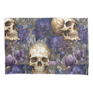 Calaveras y Rosas Moradas – Arte Gótico Elegante Kussensloop