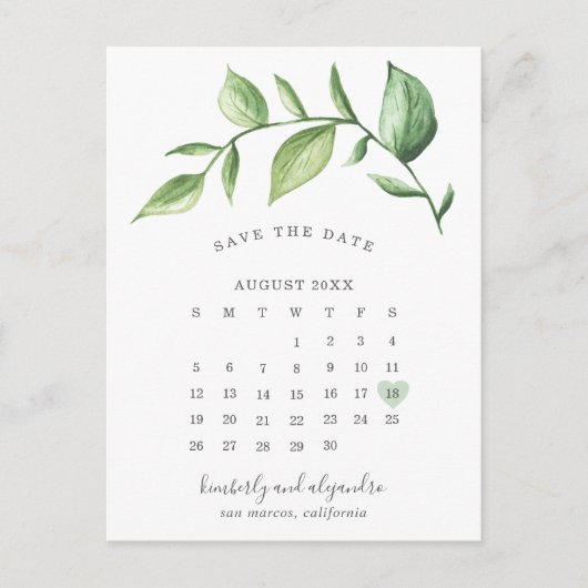 Calendar Rustic Greenery Save the Date Aankondigingskaart (Voorkant)