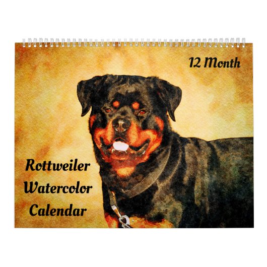 Calendrier 12 mois Beau Rottweiler Chiens Aquarelle Cadeau (Protection)