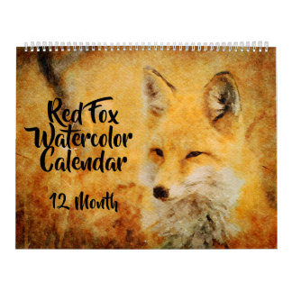 Calendrier 12 mois - Peintures d'aquarelle Renard Rouge Faune