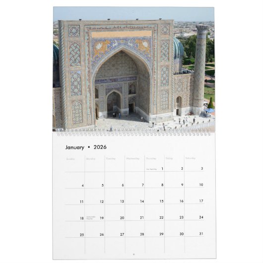Calendrier 12 mois Samarkand, Ouzbékistan (Jan 2026)