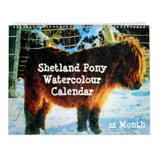 Calendrier 12 Mois Shetland Ponies Aquarelle Peinture Art