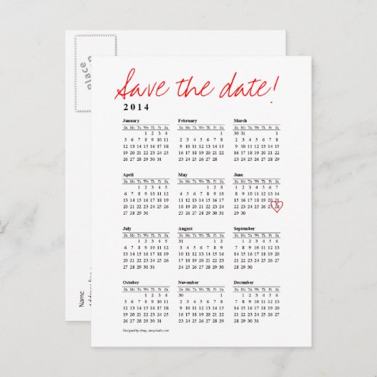 Calendrier 2014 Enregistrer la date Carte postale (Devant / Derrière)