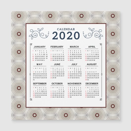 Calendrier 2020 Année Rouge Blanc Motif Magnet (Devant)