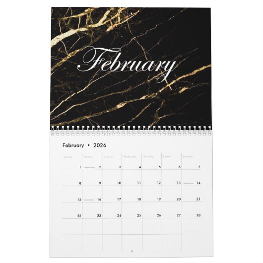 Calendrier 2024 motif en marbre noir avec or (Feb 2026)
