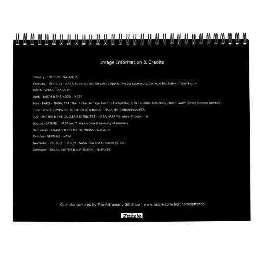 Calendrier 2025 Système solaire Astronomie spatiale Planètes (Dos)