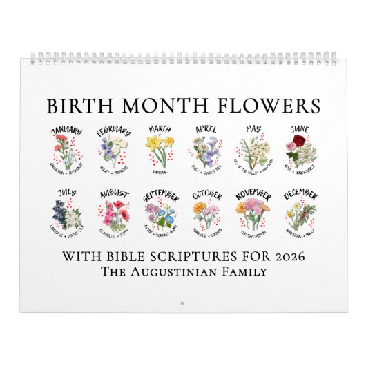 Calendrier 2026 BIRTH MONTH FLOWERS Christian Bible Verse (Protection)