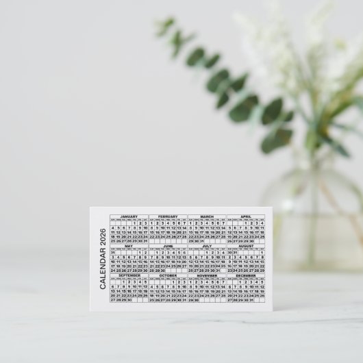 Calendrier 2026 Carte de visite horizontal blanc (Debout devant)