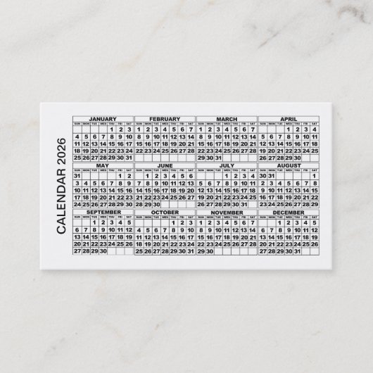 Calendrier 2026 Carte de visite horizontal blanc (Devant)