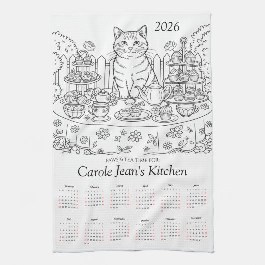 Calendrier 2026 des torchons de cuisine Paws & Tea (Vertical)