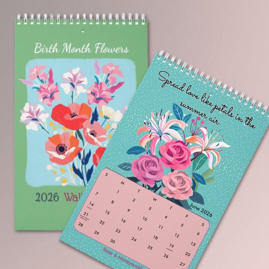 Calendrier 2026 Elegant affirmation birth month flowers wall