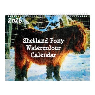 Calendrier 2026 Hardy Shetland Ponies Watercolor Painting Art
