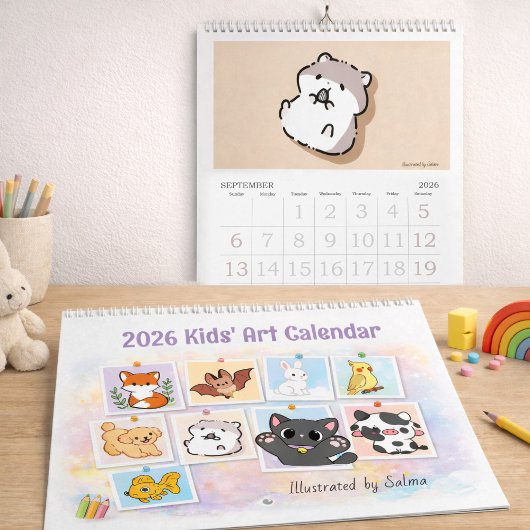 Calendrier 2026 Kids Drawings Calendar, Salma's Cute Animals 
