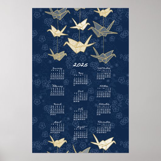 Calendrier 2026 Poster Grues en origami Bleu et Or (Devant)
